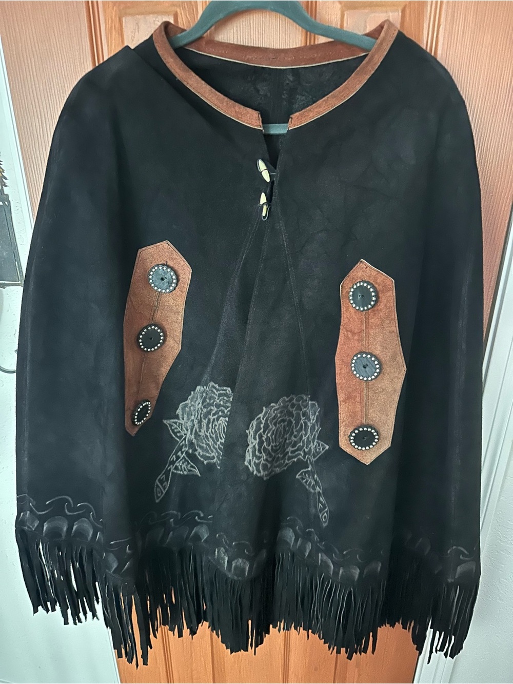 Custom one of a kind All leather Black and brown Trimmed Poncho/Cape Brown Trim